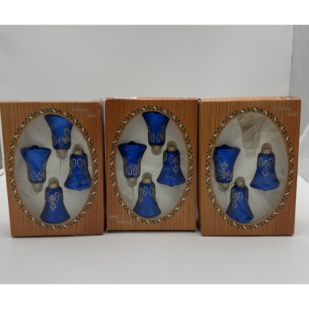 Vtg Krebs Hand-Decorated Blue And Gold Glass Bell Ornaments Set Of 11 Decor